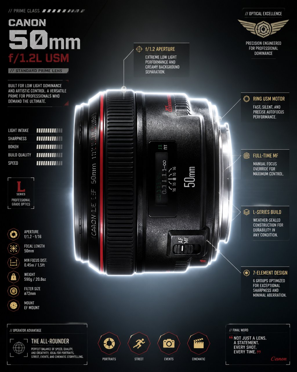 GPT Image prompt example — Canon 50mm F 1.2 Lens Side From View
