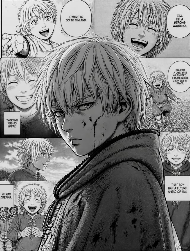 make thorfinn form vinland saga a teen make his face have blood not too much and make the back groun