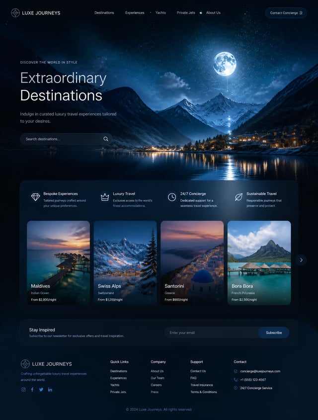 Luxury moonlight travel landscape, glowing lake reflections, stars in sky, cinematic mountains at ni