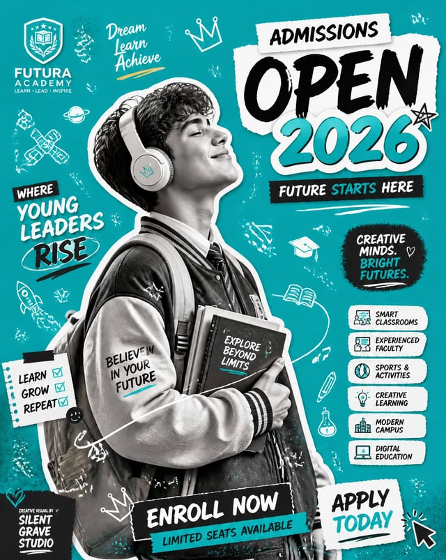 Create an original school admission advertisement poster in modern Y2K scrapbook collage style. Feat