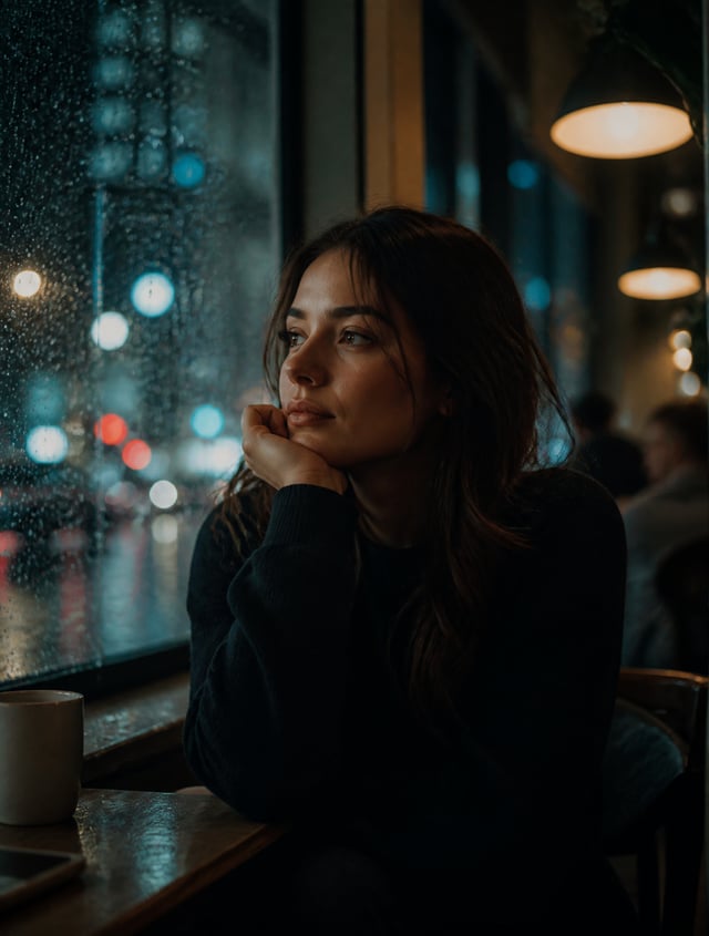 Ultra-realistic cinematic portrait of a person sitting beside a rainy window in a quiet café at nigh