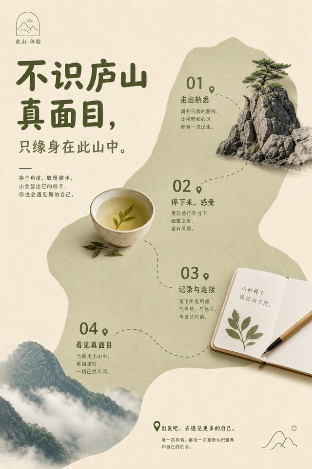 围绕具体主题内容生成一张竖版高质量印刷视觉，整体像克制而亲切的品牌菜单页。画面先建立大面积温暖纸色底，保留宽松边距和可呼吸的空白；再从主题的来源、路径、材料关系或情绪温度中推导出一块软边不规则的结构色
