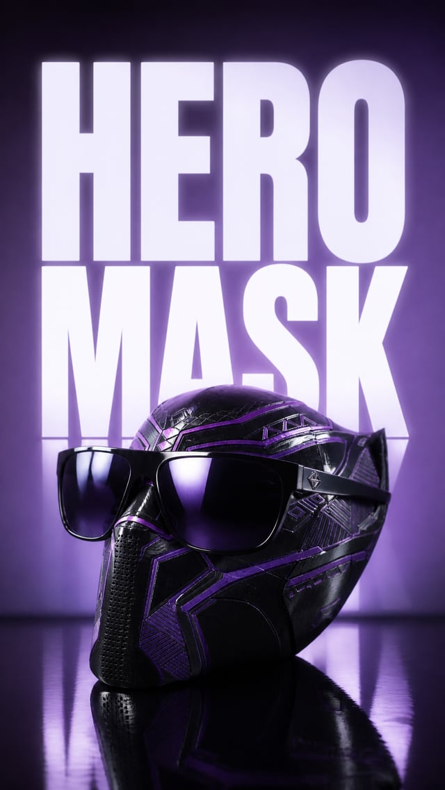 3D printed mask Story promotion oversized futuristic sunglasses positioned like sculpture, giant wor