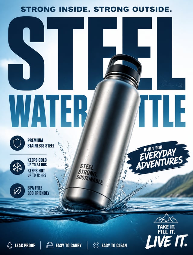 a ad for a steelwater bottle , floating bottle water, big typography fonts