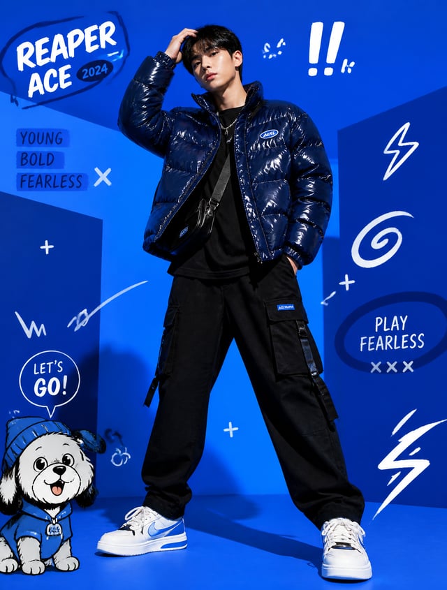 A full-body fashion editorial scene against a vibrant electric-blue studio background with layered g