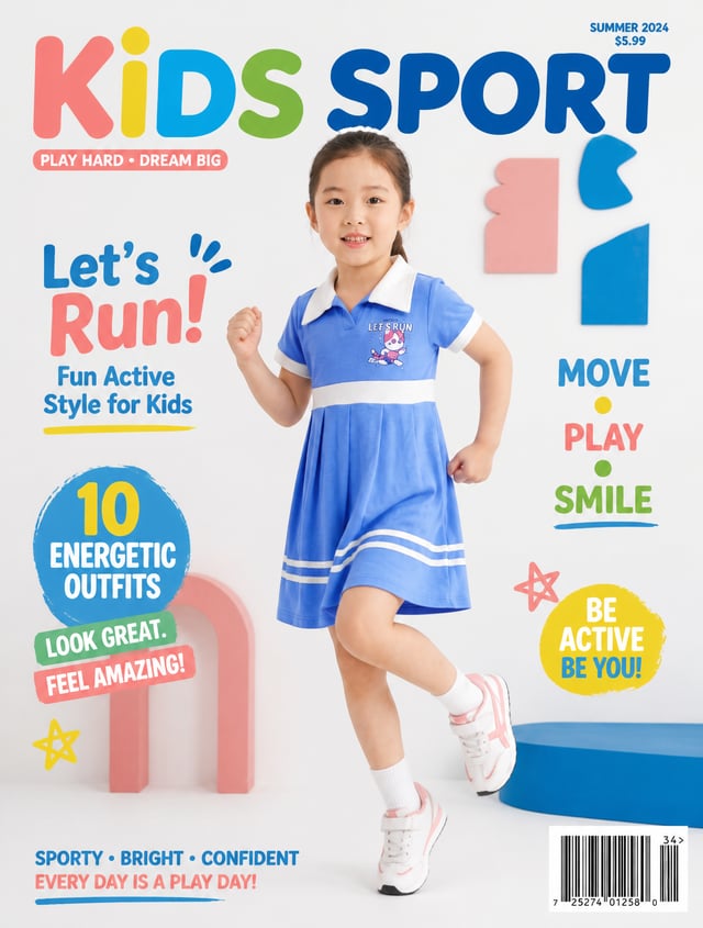 Children's sports magazine cover, full-body studio shot of a cheerful young girl in a dynamic, energ
