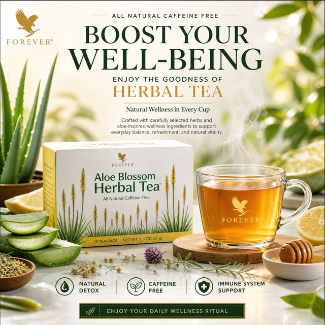 Create a premium wellness advertising poster for a herbal tea brand. Design it as a polished commerc