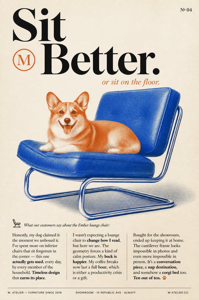 Vertical editorial poster in the style of a premium design magazine spread. Clean paper-textured bac