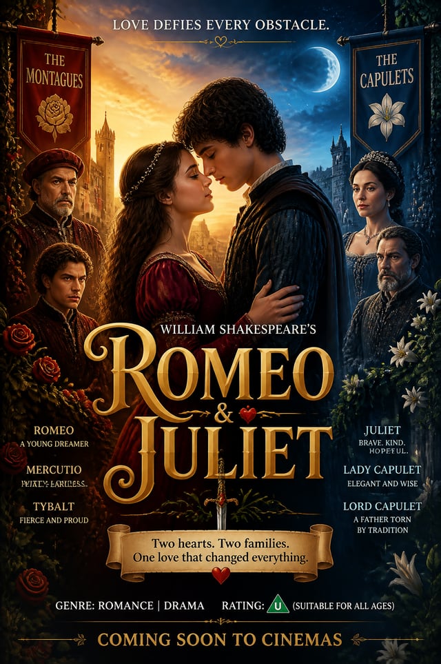Design a colourful and creative movie poster based on any one famous Shakespeare story. Imagine the 