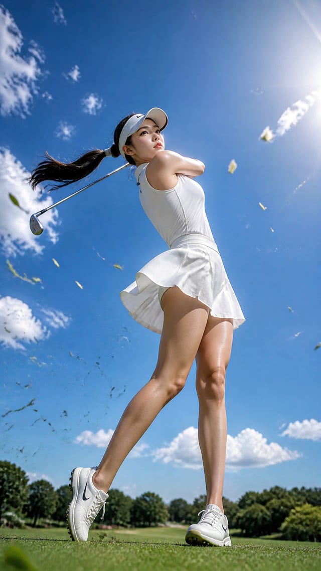 25岁东亚职业女性高尔夫运动员完成职业级收杆动作，身体完全展开，重心压向前脚，后脚脚尖轻点地面；双手高举完成收杆，球杆自然绕至肩后，形成极具压迫感的对角线构图。