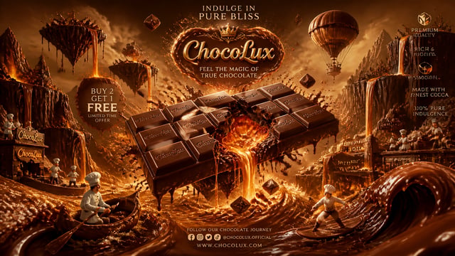 Create an insanely luxurious cinematic chocolate advertising flyer with a surreal fantasy concept th
