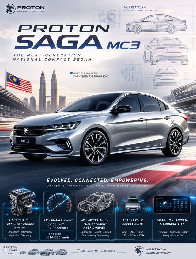 Create an epic premium automotive poster of Proton Saga MC3 (Next-Generation Proton Saga Concept).Pl
