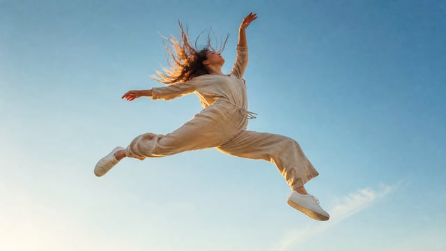 A young woman captured mid-air in a dynamic, gravity-defying leap, her body angled sharply against a