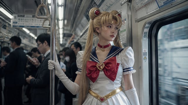 主体内容：一位年轻女性，身着经典水手服风格的动漫角色服装，整体造型参考自《美少女战士》中的月野兔（Sailor Moon），包括白色连衣裙、深蓝色领边与袖口、红色蝴蝶结、金色腰带及心形吊坠，搭配长发双