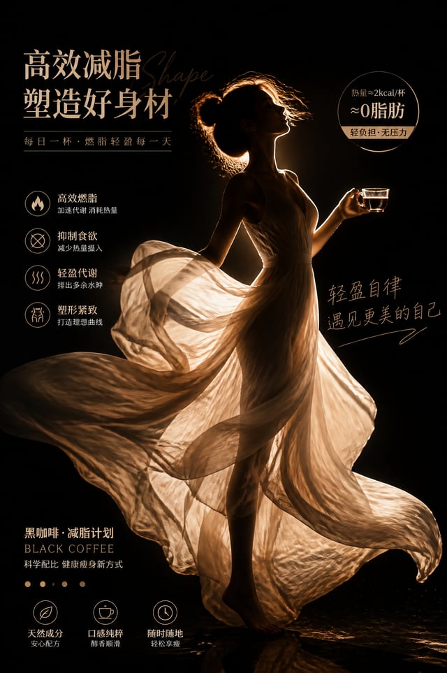 减脂产品的电商宣传海报，以女性剪影为核心，搭配直击痛点的文案，传递出 “高效减脂、塑造好身材” 的产品理念，是黑咖啡、减脂计划等产品的通用宣传模板。人物与状态：画面中心是一位女性，身着米白色无袖长裙，