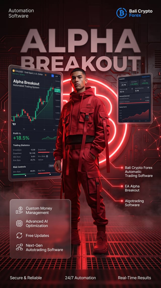 Ultra-premium futuristic fintech advertisement poster for Bali Crypto Forex software product "EA Alp