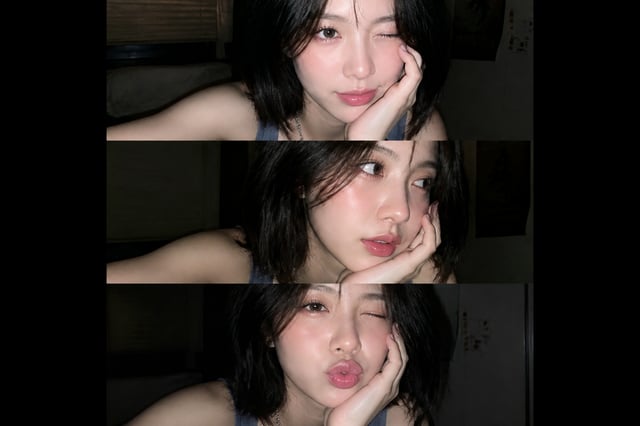 Ultra-realistic late-night flash selfie collage, three stacked mobile phone photos. Young female wit