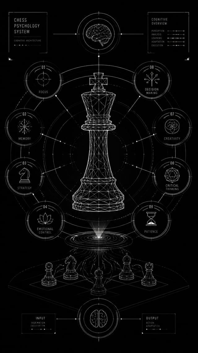 {  "prompt": "Ultra-minimal chess psychology infographic. Giant floating chess king made of thin geo
