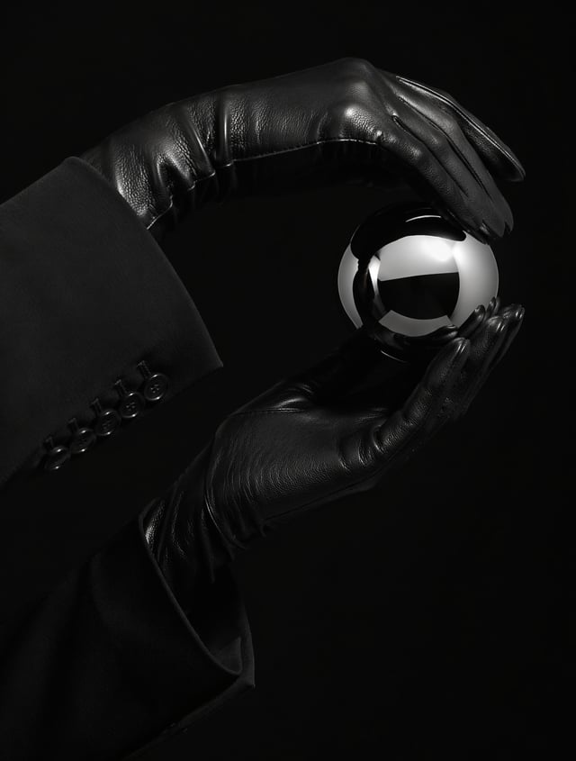 A sophisticated editorial close-up featuring elegant black leather gloves gently holding a polished 