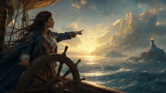 Many years later, the granddaughter now grown into a wise serene navigator standing at the helm of a