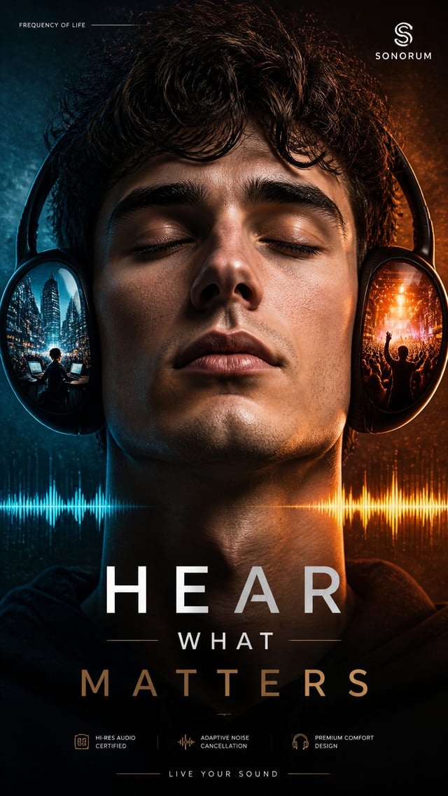 A premium 9:16 headphones advertising poster.Main Subject:A young male model in an extreme close-up 