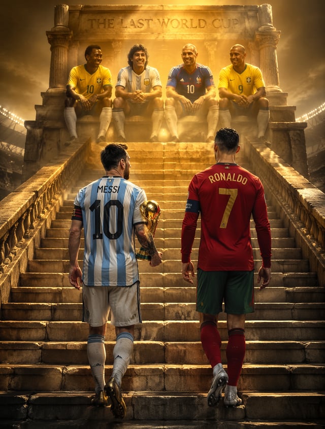 A hyper-realistic, photographic-quality digital art piece. A grand ancient stone staircase rises dra