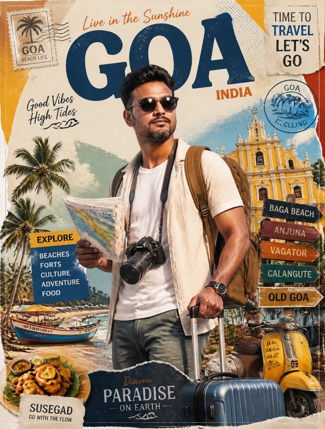 Create a stylized travel poster for GOA.The main subject  [image1]should be a stylish international 