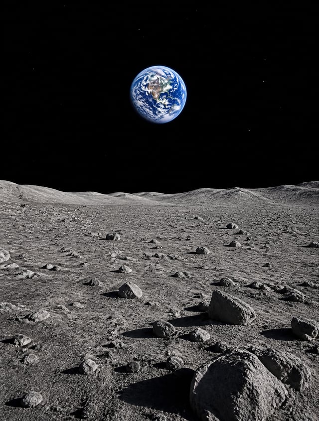 A photorealistic view from the surface of the Moon looking at Earth. The foreground is the barren lu