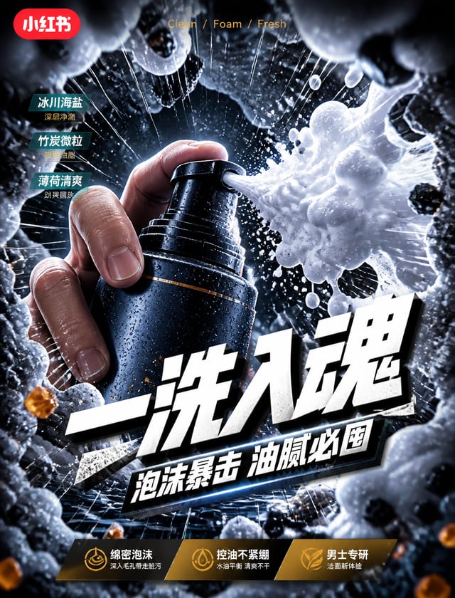# 角色你是一位「冷调鱼眼产品冲击广告风格」的锁定执行专家，专精小红书电商男士洁面泡沫视频笔记封面生成。# 任务创作一张 9:16 比例的小红书男士洁面泡沫种草视频笔记封面，采用「冷调鱼眼产品冲击广告
