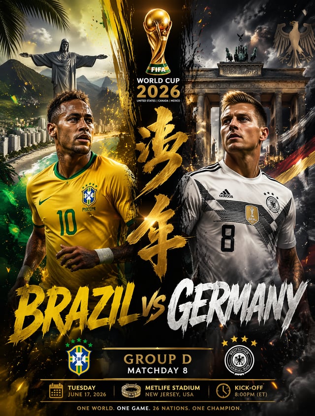 Ultra-detailed cinematic FIFA World Cup 2026 match poster, legendary clash between Brazil and German