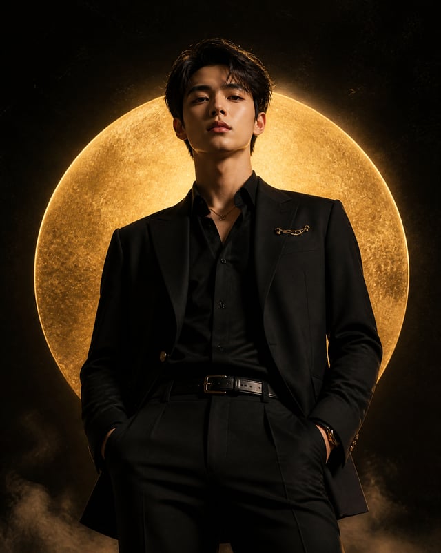 Create a luxury cinematic fashion poster featuring a stylish young male standing in a powerful confi