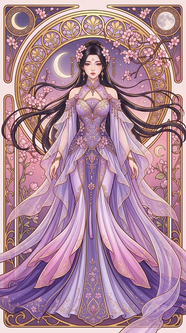 9:16 vertical format; an exquisitely ornate Art Nouveau-style poster featuring a full-body portrait 