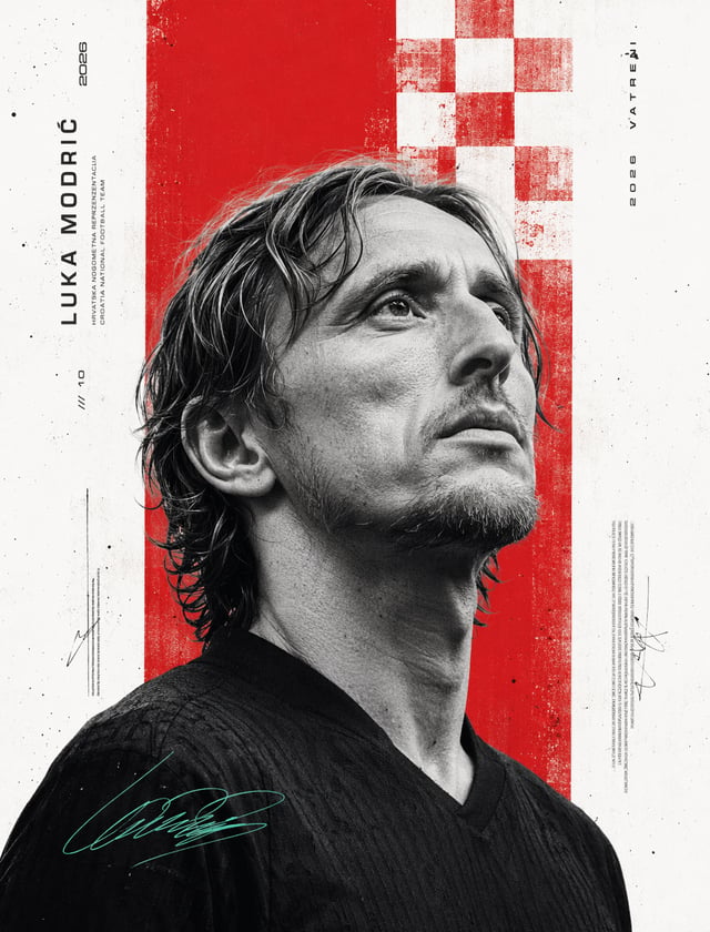 Minimalist Editorial PosterUltra-realistic black-and-white portrait of Luka Modrić, low-angle 45° fr
