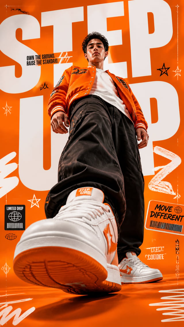 A premium 9:16 streetwear advertising poster.Main Subject:A young male model captured stepping towar