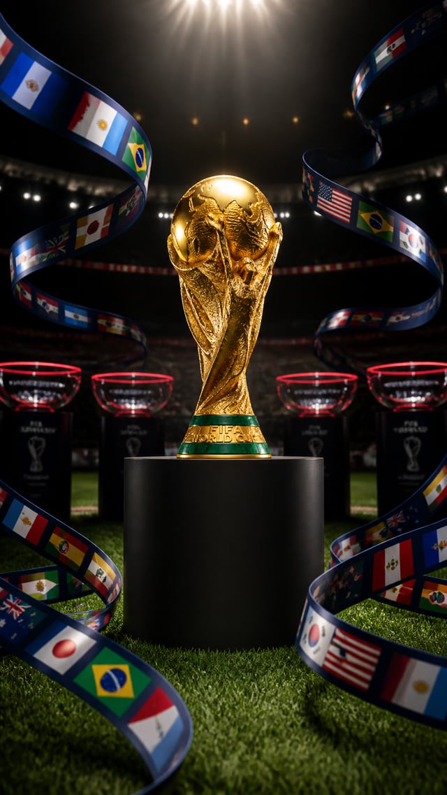 The FIFA World Cup trophy sits centered on a matte black cylindrical pedestal, its polished gold sur