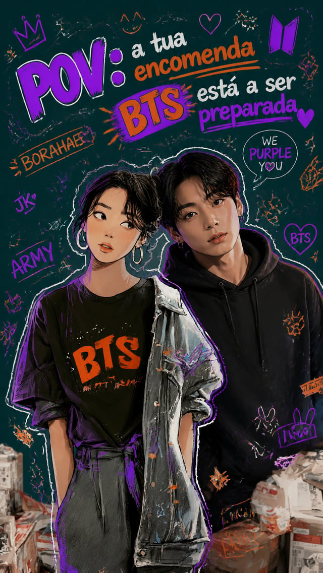 Adiciona o texto "POV: a tua encomenda BTS está a ser preparada" com destaque, fazendo o contorno da