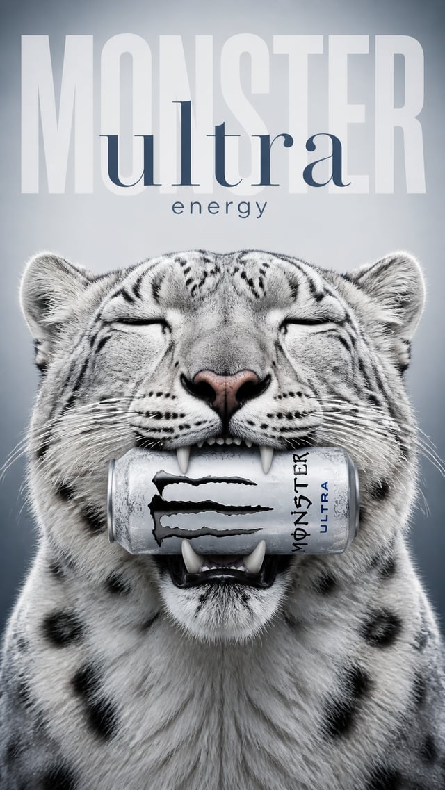 A vertically oriented commercial advertisement poster blending photorealistic CGI animal portraiture