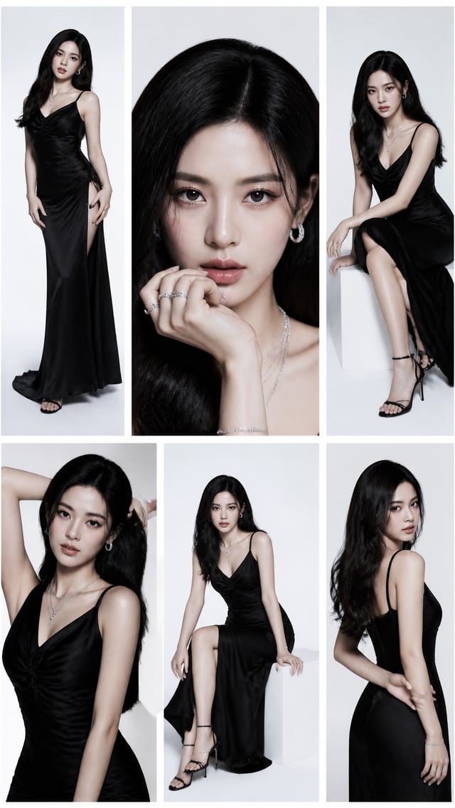 A high-fashion studio editorial featuring a K-pop idol in a multi-panel clean grid. One bold central