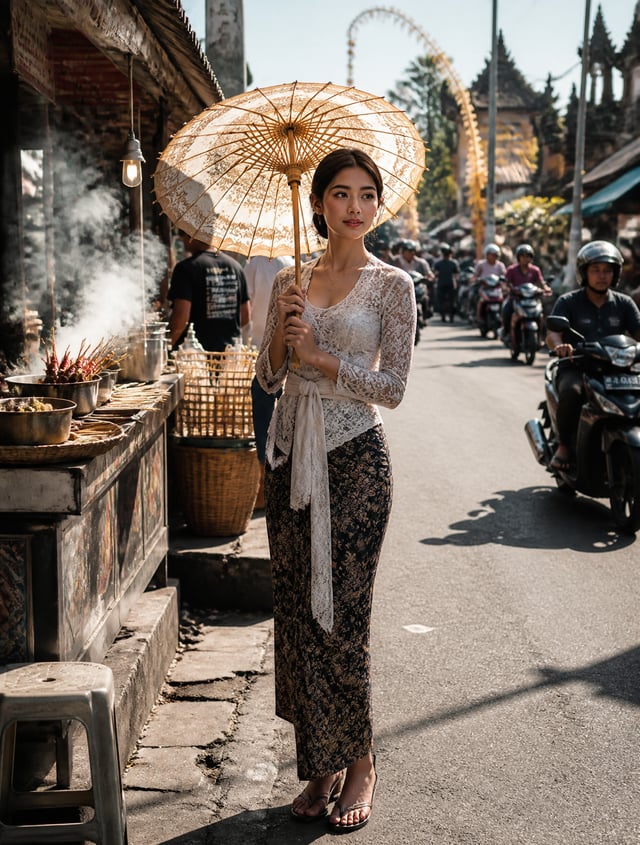 A beautiful Balinese woman with fair skin and a slender, shapely figure stands calmly in the foregro