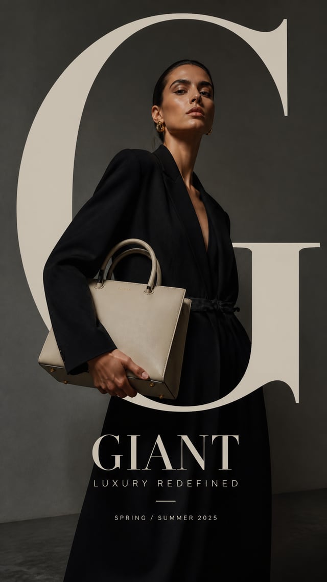 Create a high-end luxury fashion campaign mockup with strong typography, realistic fashion photograp
