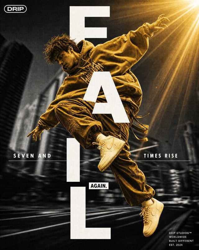 Prompt:"Streetwear fashion poster design, dynamic action shot of a young man captured mid-jump in a 