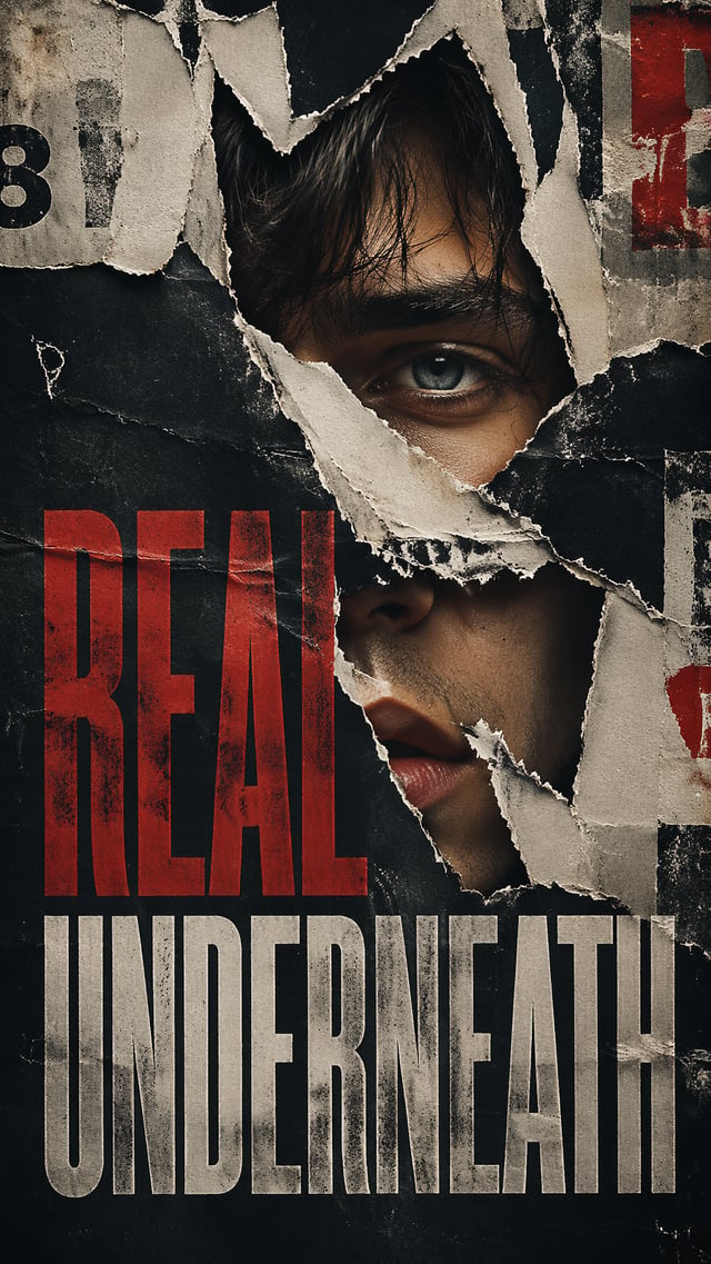A premium 9:16 portrait.The face appears behind a torn street poster.Only random parts of the face a