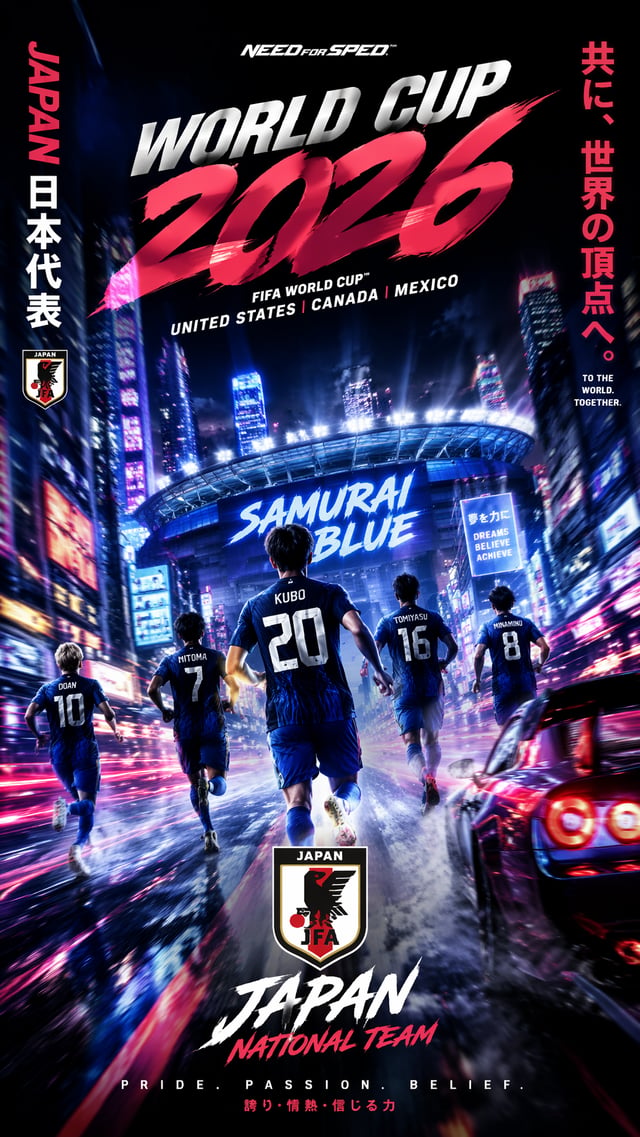 Need for Speed StyleVertical 9:16 poster of World Cup 2026, Japan national team in neon-lit night ci