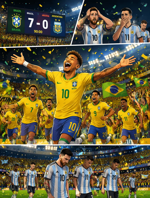 Epic Argentina vs Brazil football match, 2D cartoon cinematic style, massive stadium packed with fan