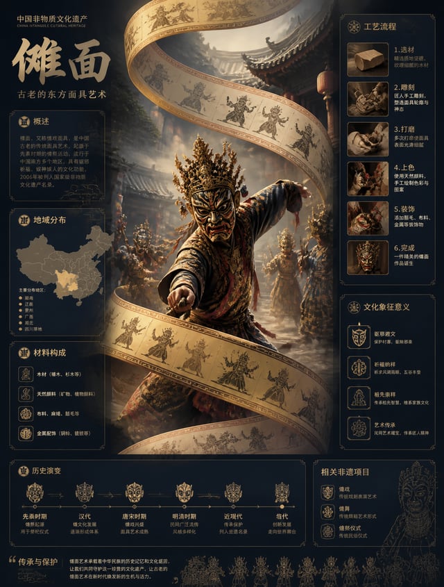 中国非物质文化遗产信息图海报，竖版3:4构图画面中心:展示傩面的核心场景(工艺制作/表演/人物操作)，具有强叙事感视觉主结构:一条巨大的丝带/卷轴在空间中盘旋贯穿画面，表面装饰与[主题]相关的传统纹样