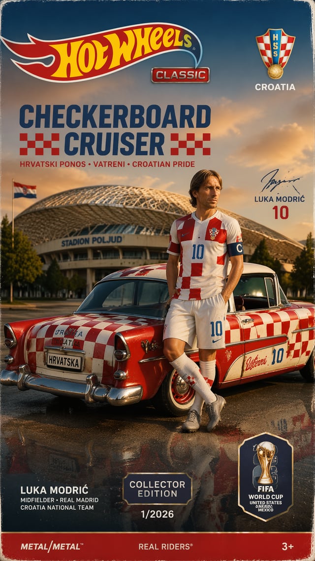 Croatia — Luka Modrić — HW Classic Checkerboard Cruiser “9:16 vertical poster of Hot Wheels Classic 