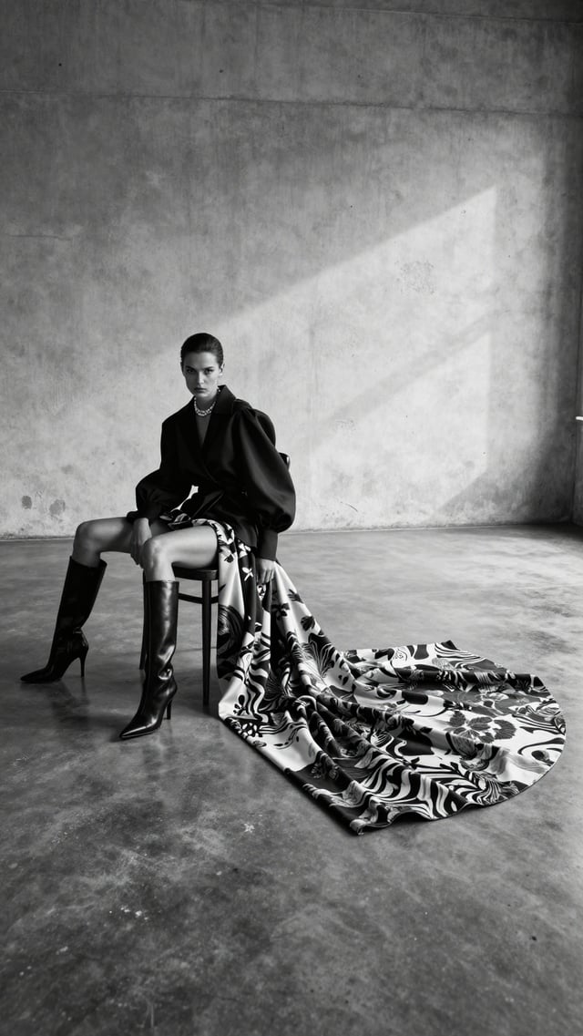 Create an ultra-realistic black-and-white high-fashion editorial photograph in a wide cinematic stud