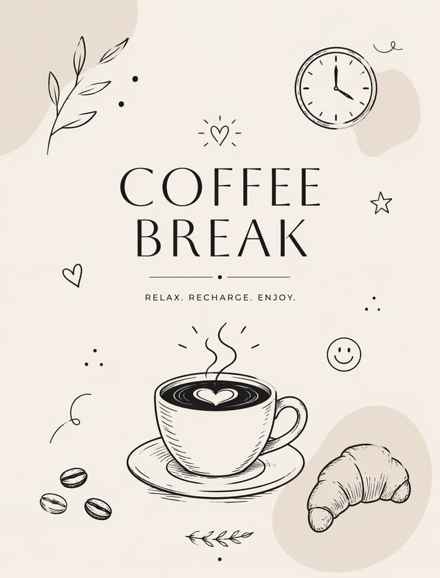 Minimal doodle-style poster for "Coffee Break" — clean and modern composition with hand-drawn black 
