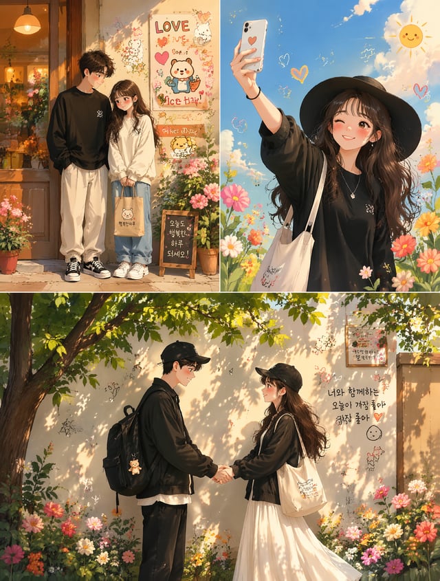 Whimsical Korean-inspired illustration, soft pastel color palette, cozy aesthetic, hand-painted digi