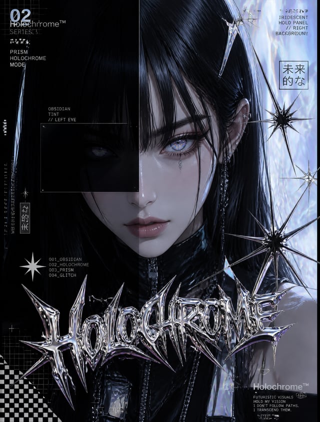 Obsidian & HolographicFuturistic anime girl with sleek jet black hair and holographic rainbow eyes, 